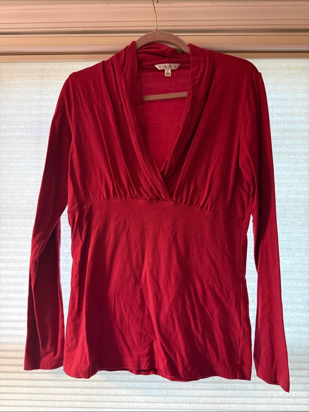 CAbi Red Long Sleeve V-Neck Empire Seam Top